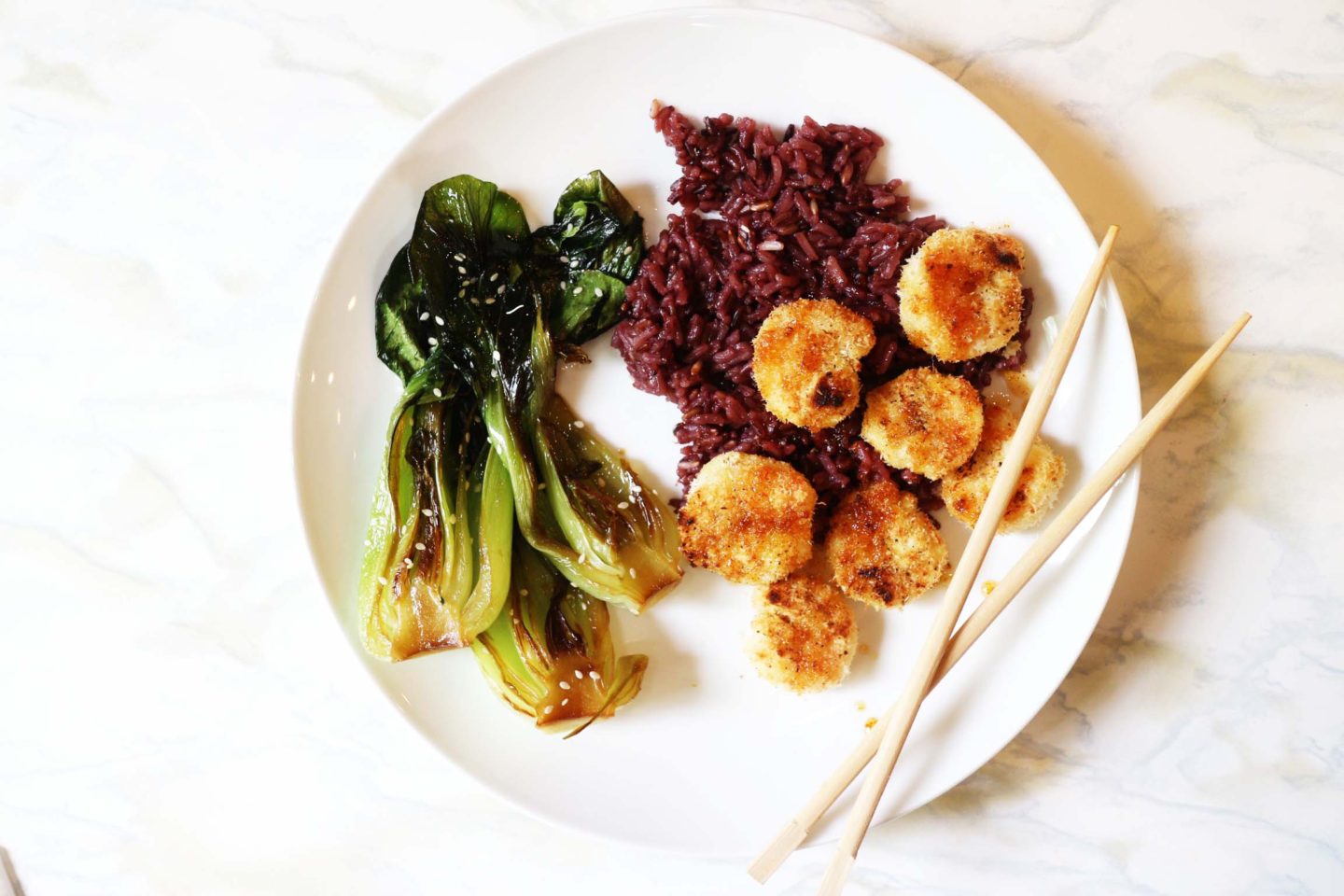 Baked Sweet and Spicy Coconut Shrimp with Seared Bok Choy