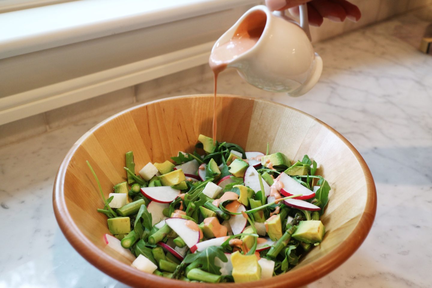 Raw Veggie and Arugula Salad with Strawberry Balsamic Vinaigrette