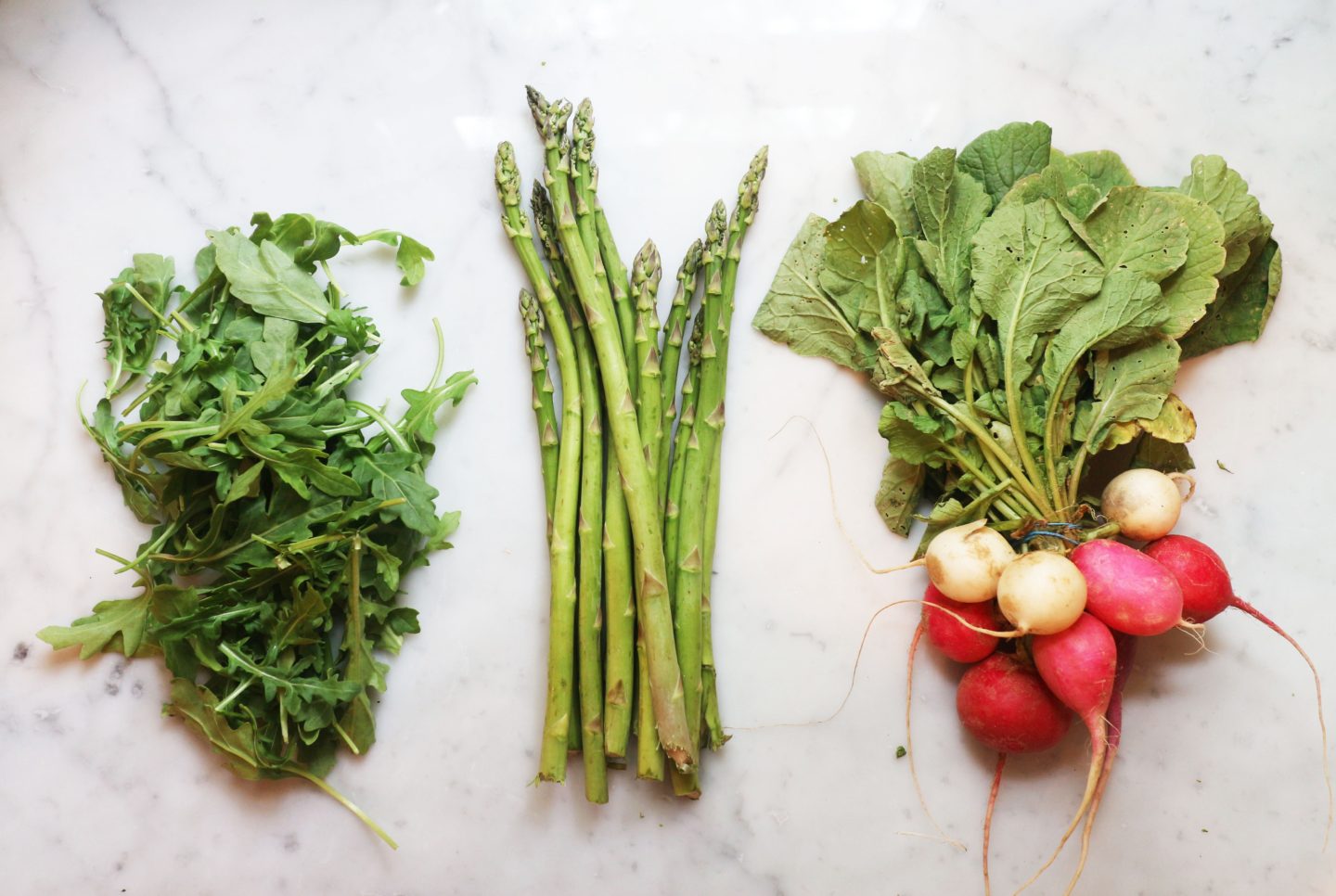 Raw Veggie and Arugula Salad Ingredients with Strawberry Balsamic Vinaigrette