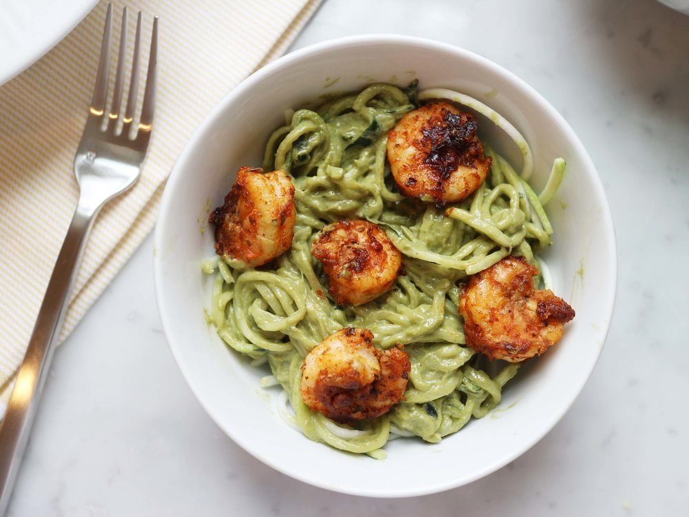 Zucchini Noodles with Avocado Pesto & Shrimp