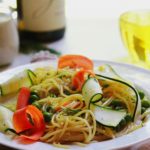 Lemon Dill Pasta with wine bottle and wine glass