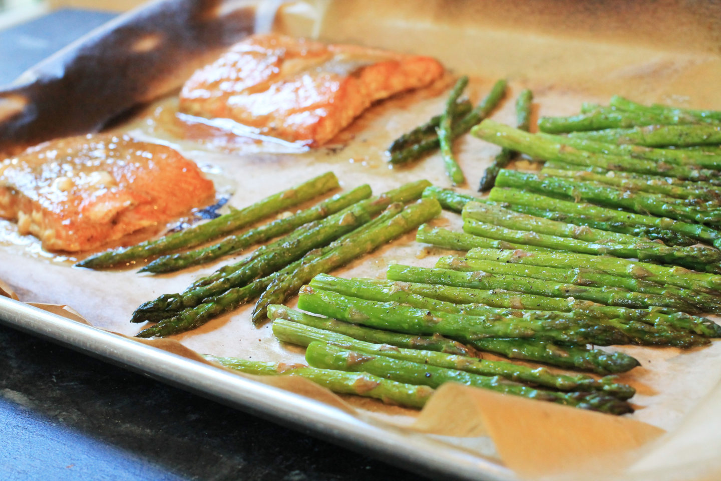 baked salmon and asparagus on sheet pan