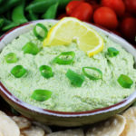 Closeup of Edamame Hummus with Vegetables and crackers