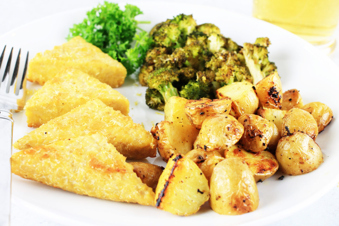 Tempeh broccoli and potatoes with all purpose marinade