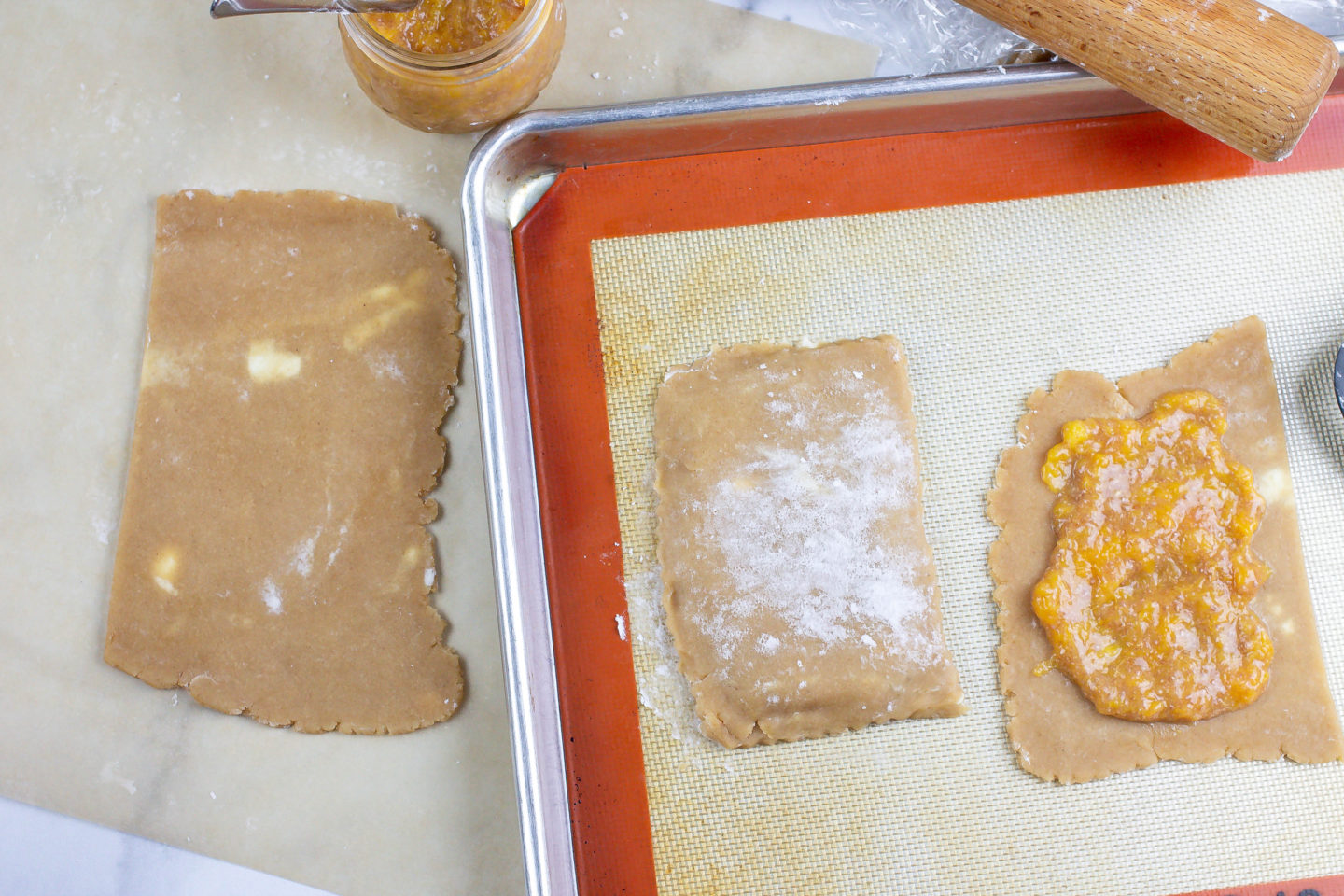 Peach and Ginger Pop Tarts rolled out and one with Peach Ginger Jam on the bottom crust
