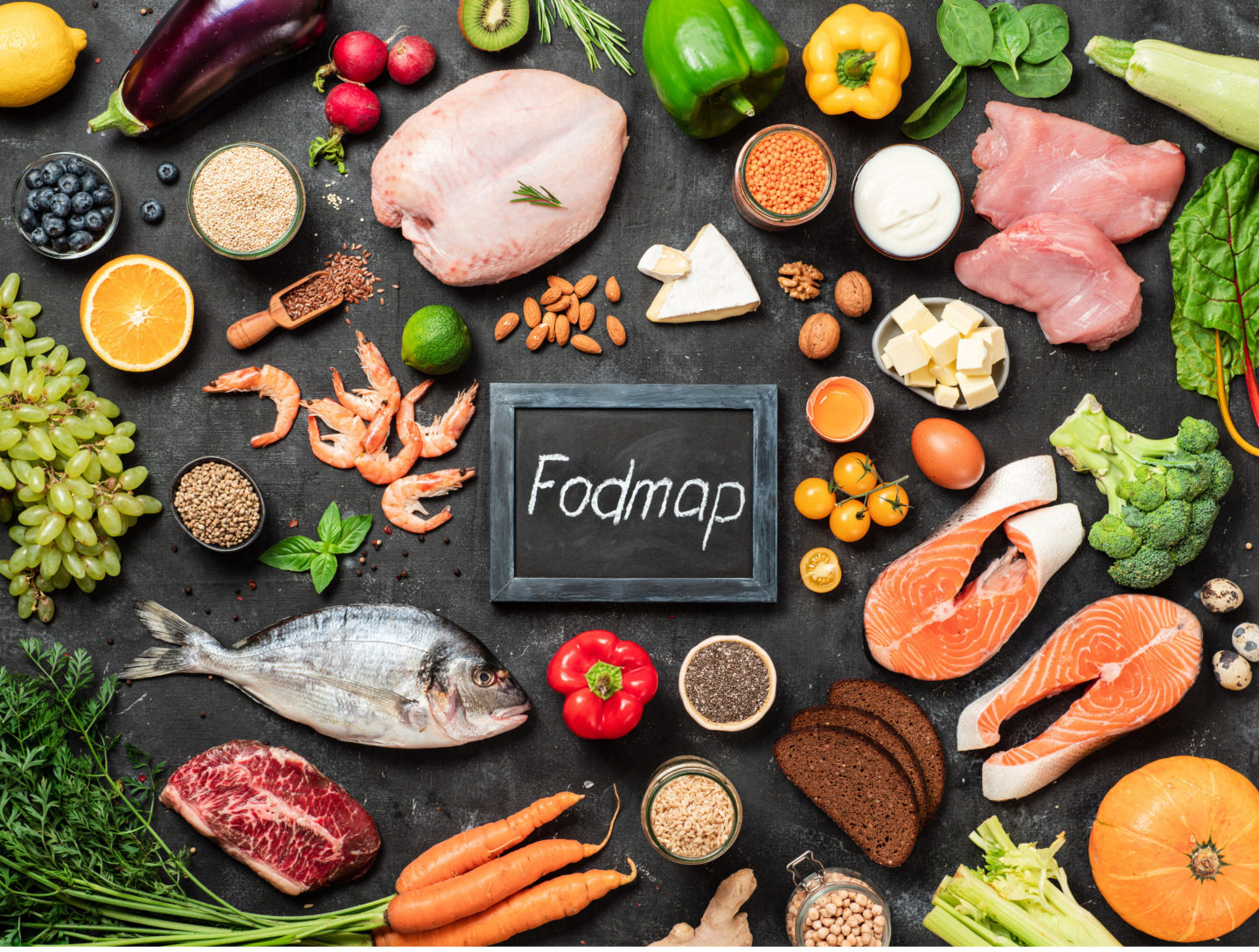 Chalkboard with FODMAP with Low FODMAP food around it