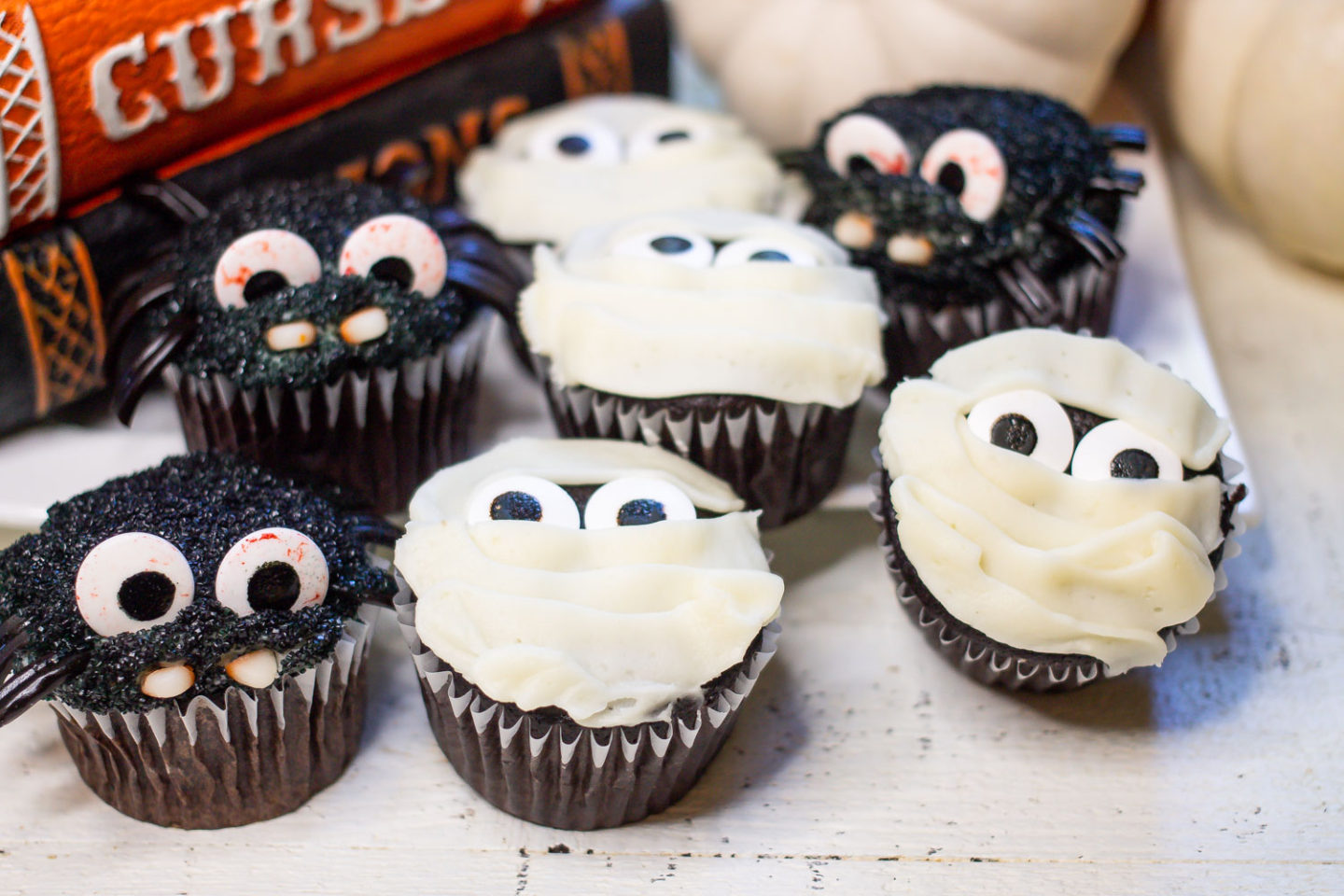 Close Up of Chocolate Cupcakes decorated like spiders and mummies