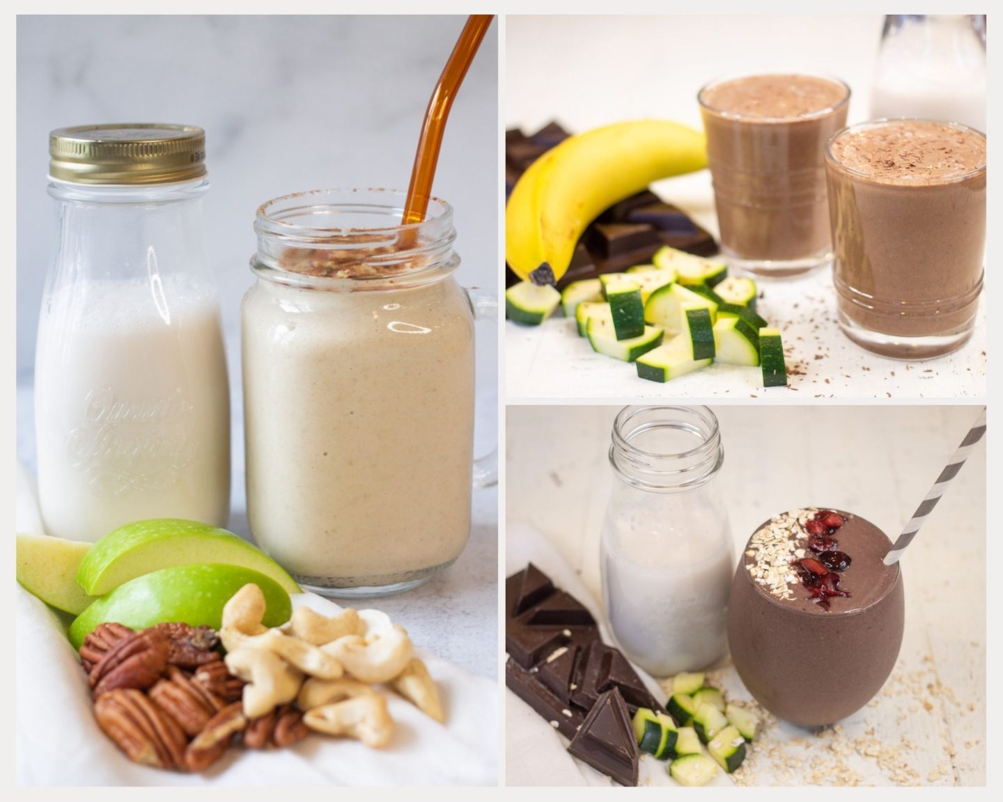 Picture of 3 low sugar smoothies with ingredients