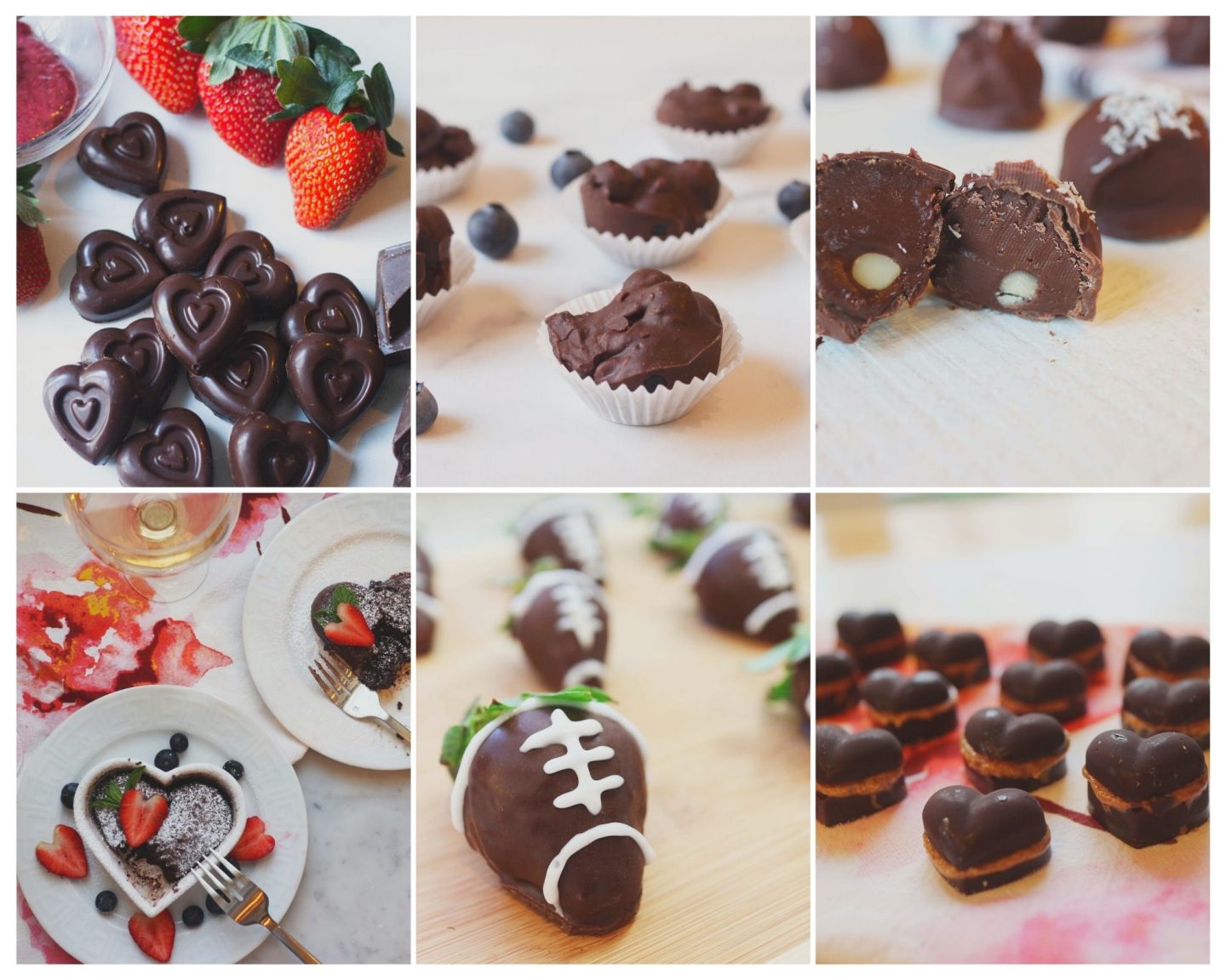 Photo collage of six different chocolate recipes for Valentine's Day